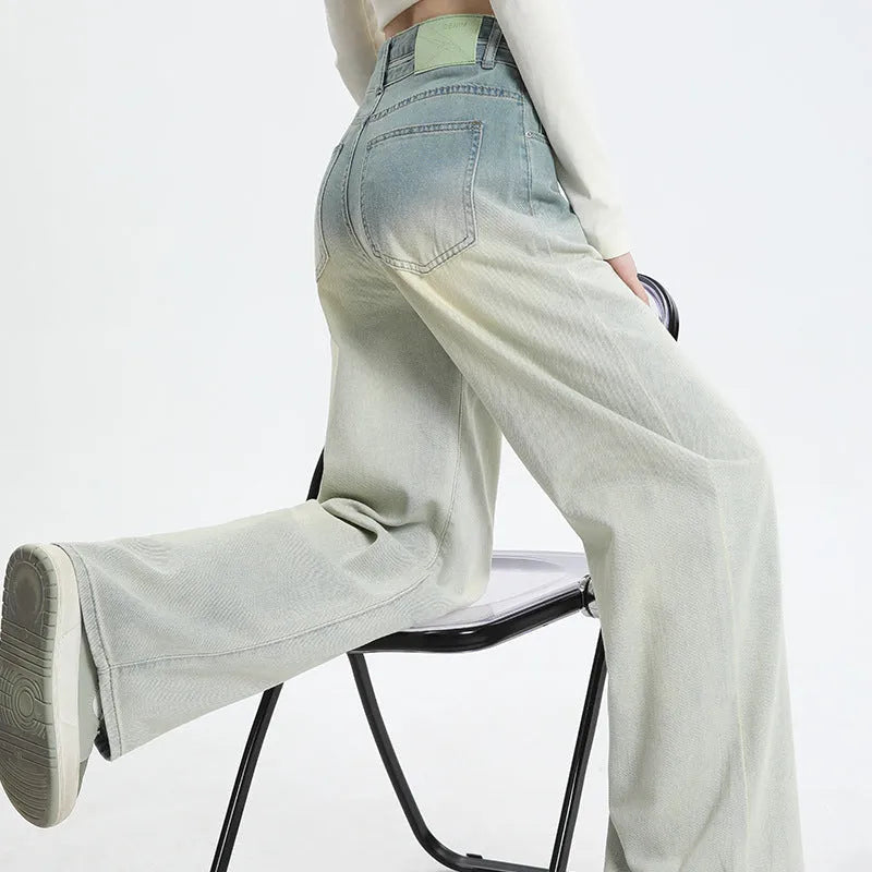 Women's gradient blue straight-leg trousers in denim fabric with wide leg silhouette