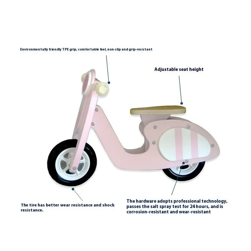 Pink wooden balance scooter with 10-inch wheels for toddlers and young children.