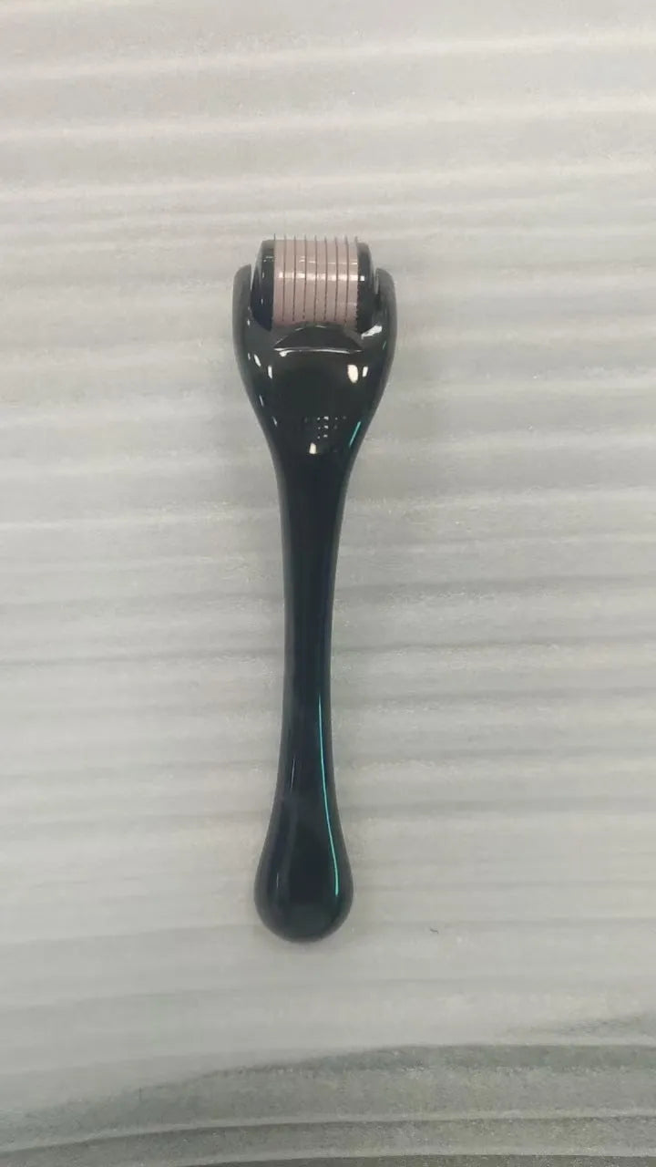 540 needle derma roller with black handle and coloured wheel, showing 0.25mm 0.3mm size options for micro-needling.