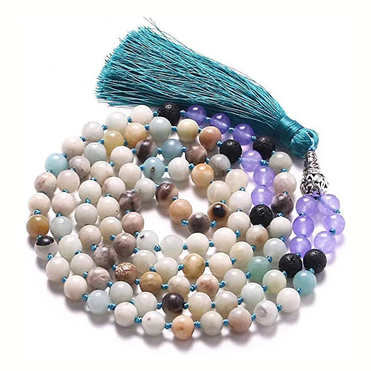 Long agate and amethyst tassel necklace with geometric beads in multiple colours on a 95-100cm chain.