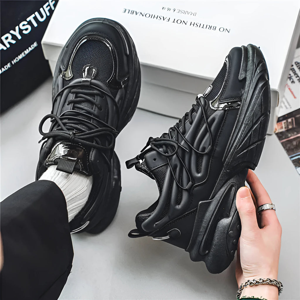 Men's breathable mesh lace-up sneaker in beige and black with rubber sole and platform heel