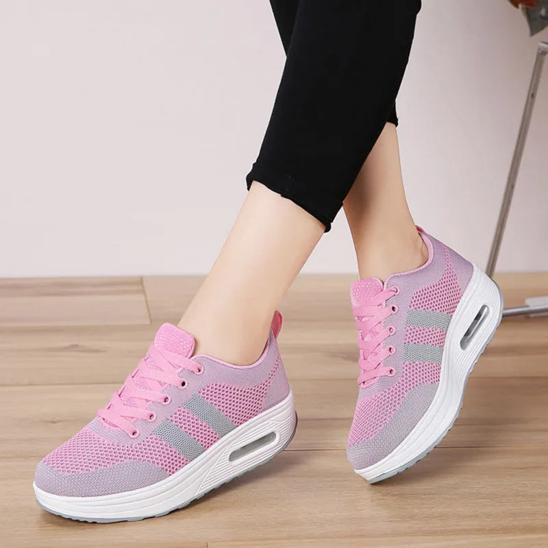 Women's platform air cushion casual shoes with Flyknit upper, non-slip sole, hollow details, and T-shaped ribbon, in solid colour