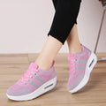 Women's platform air cushion casual shoes with Flyknit upper, non-slip sole, hollow details, and T-shaped ribbon, in solid colour