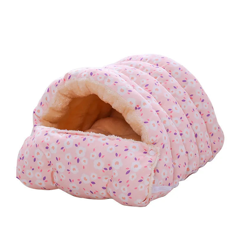 Winter cat nest with removable cloth cover, size M for cats under 15kg, pink small flower design