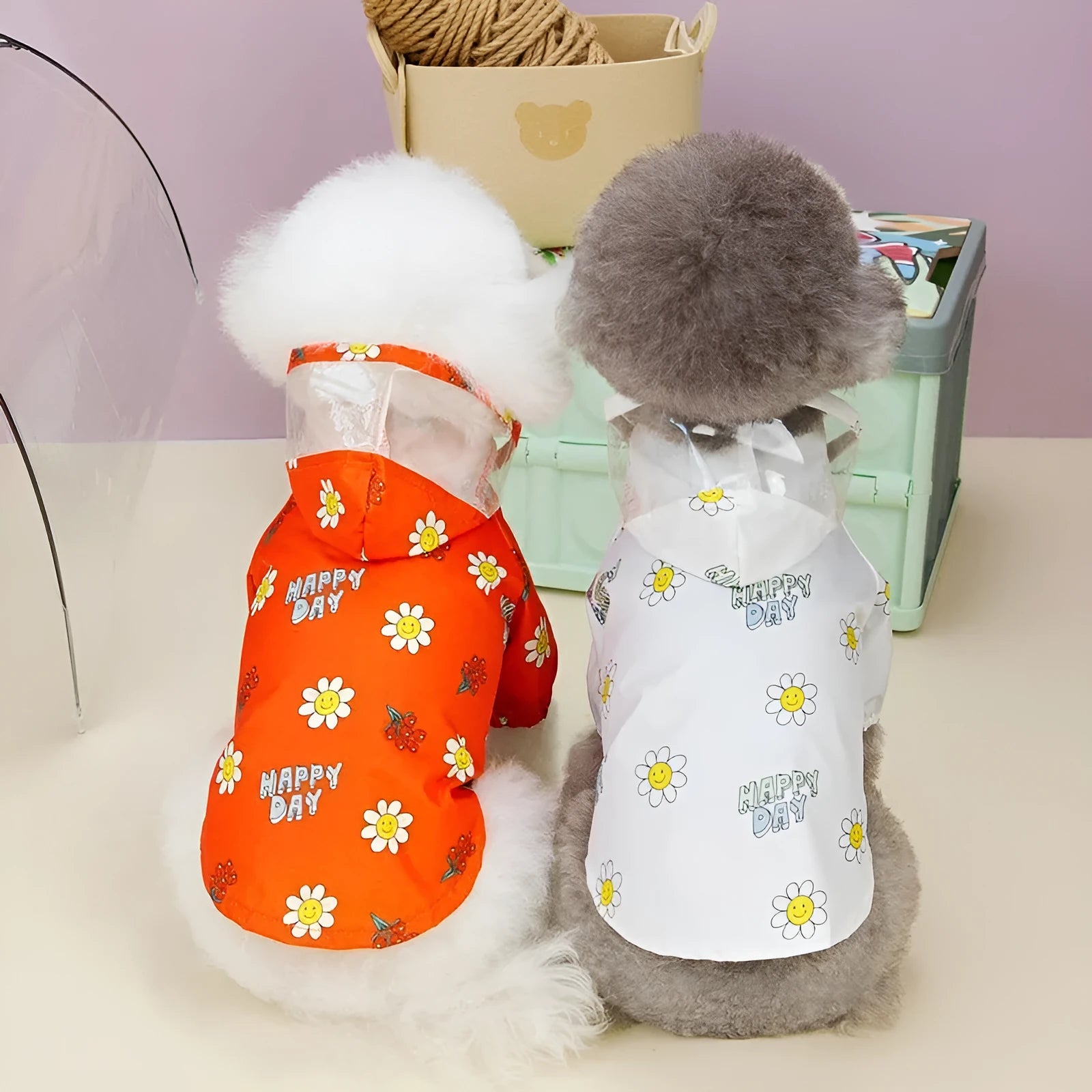 Transparent dog raincoat with pull ring traction, waterproof polyester, small flower pattern orange and white options