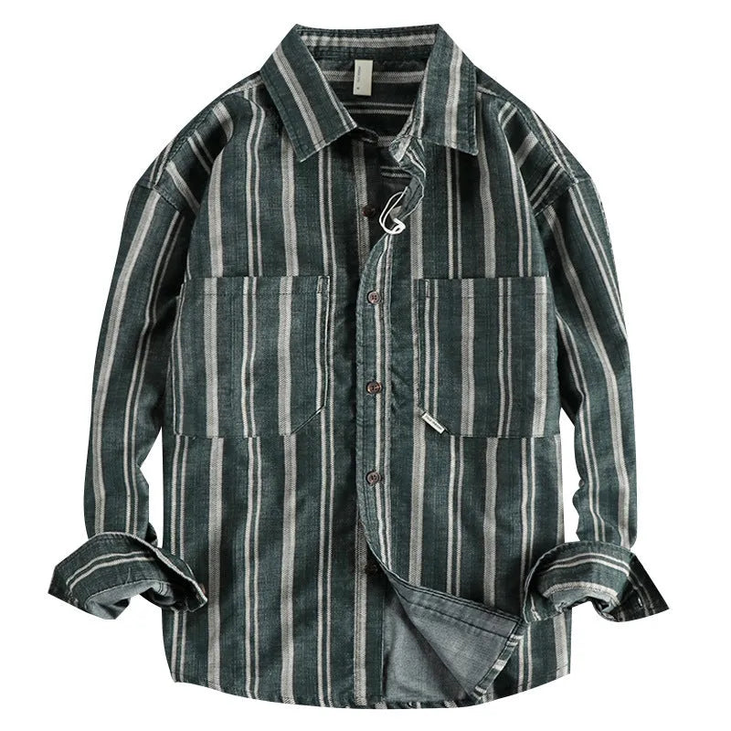 Men's vintage yarn-dyed striped casual shirt in loose fit, cotton blend, Japanese retro style, apricot colour