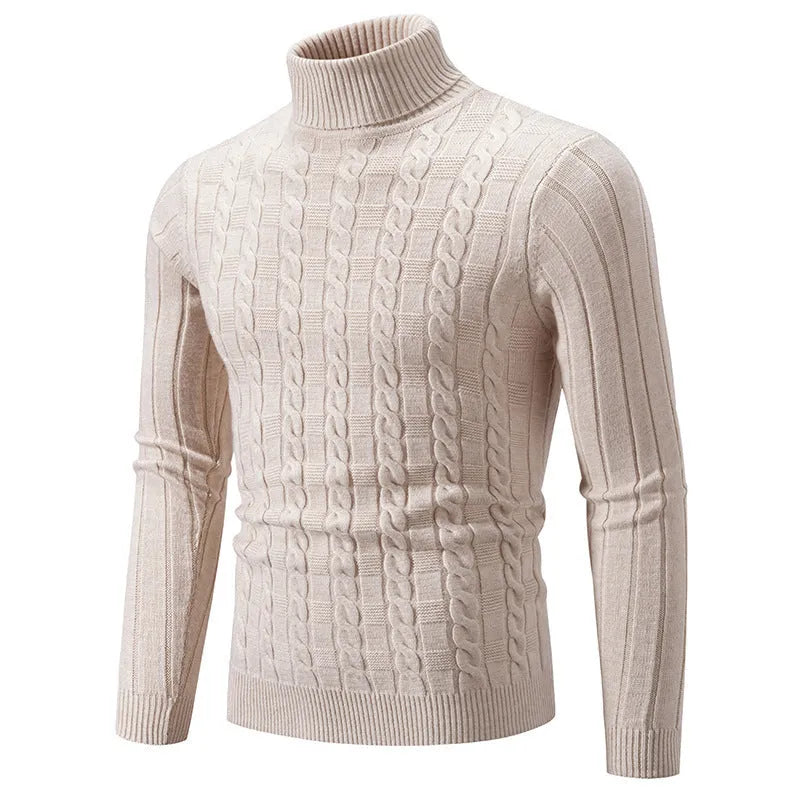 Men's slim fit chenille turtleneck pullover sweater in beige on a grey background.