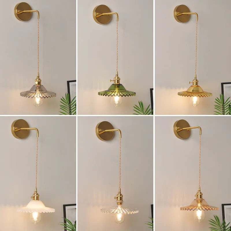 Copper retro wall lamp with a glass lotus shade in one of six colour options.