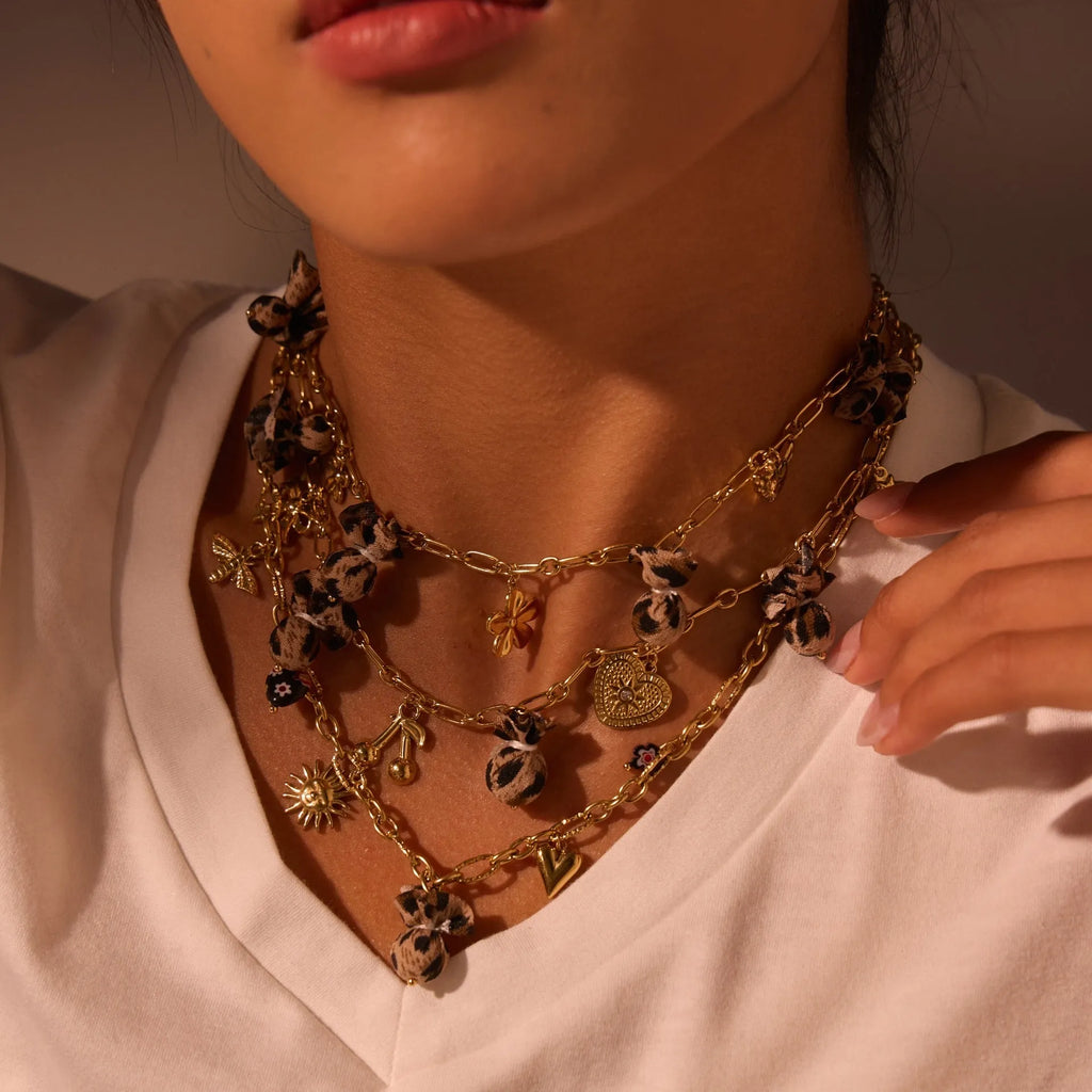 Geometric stainless steel necklace with leopard, heart and flower motifs on 18K electroplated pendant