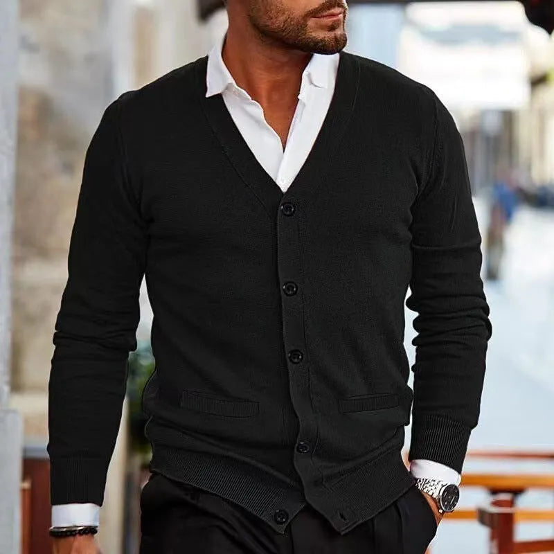 Men's slim fit acrylic cardigan in light grey, shown on a hanger.