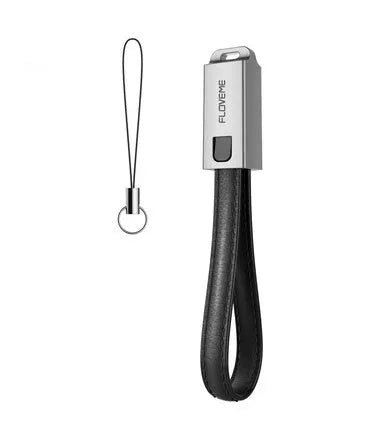 USB to Apple Lightning charging cable with leather braiding and zinc alloy connector in black, brown or red colours