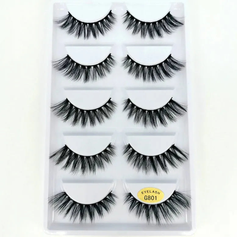3D mink hair false eyelashes thick section cotton stem 5 pairs natural volume
