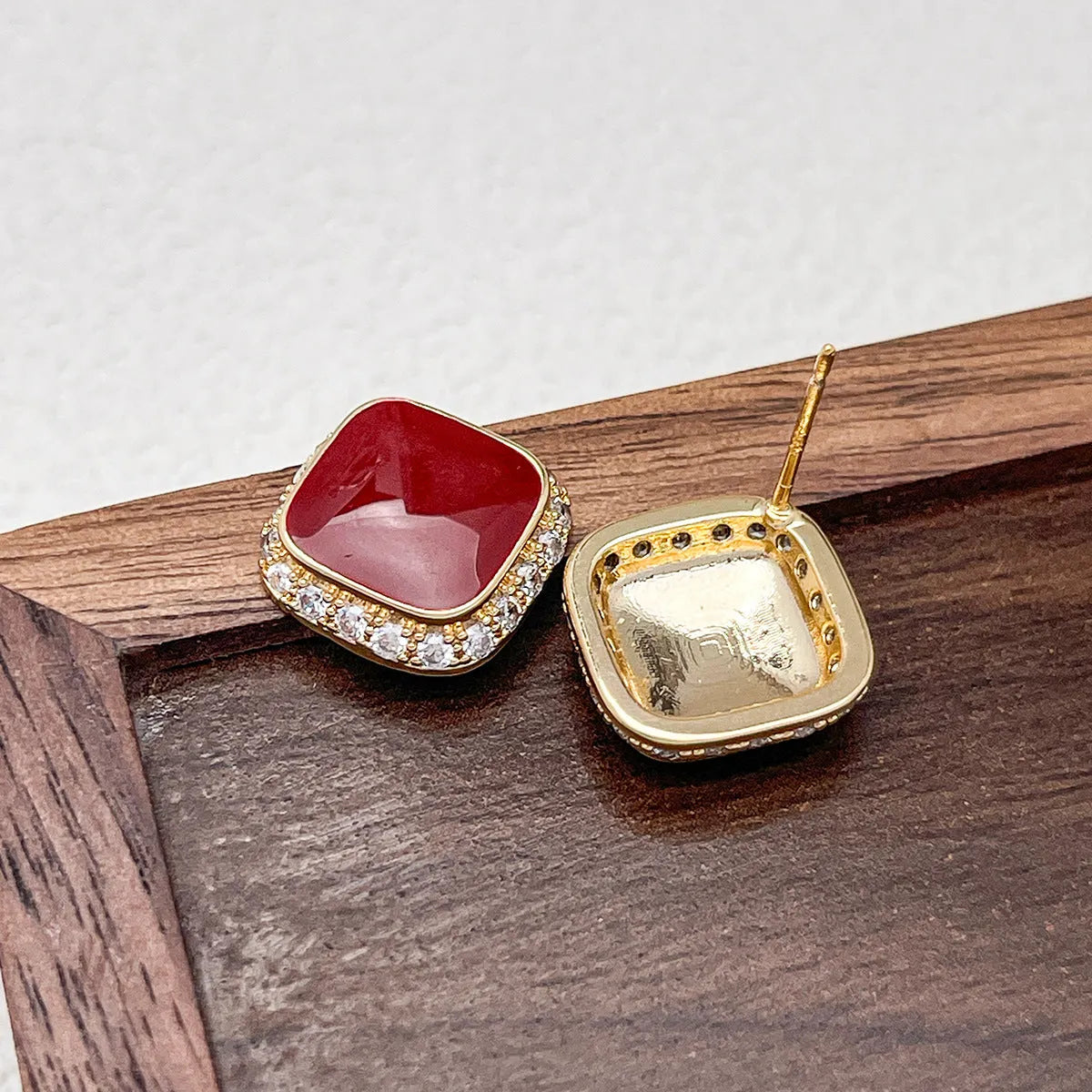 Red geometric square earrings with inlaid design, alloy construction with seiko treatment