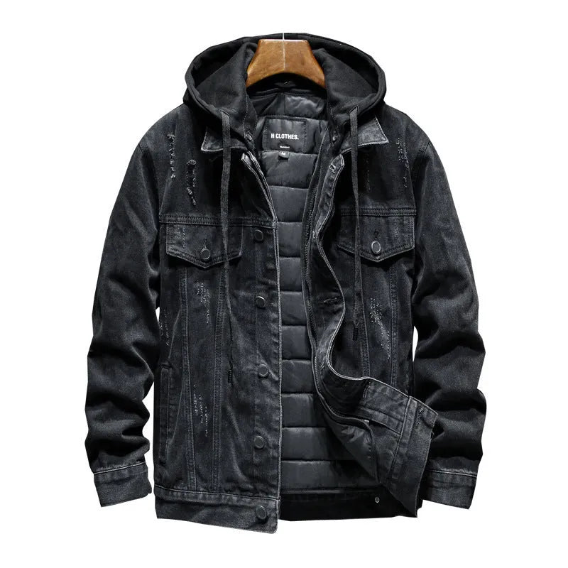 Thick denim jacket for men with hooded collar in black, slim fit, cotton construction
