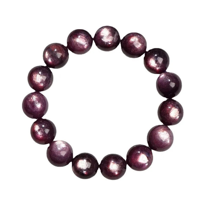 Natural purple lepidolite crystal round bead bracelet showing polished beads on a cord.