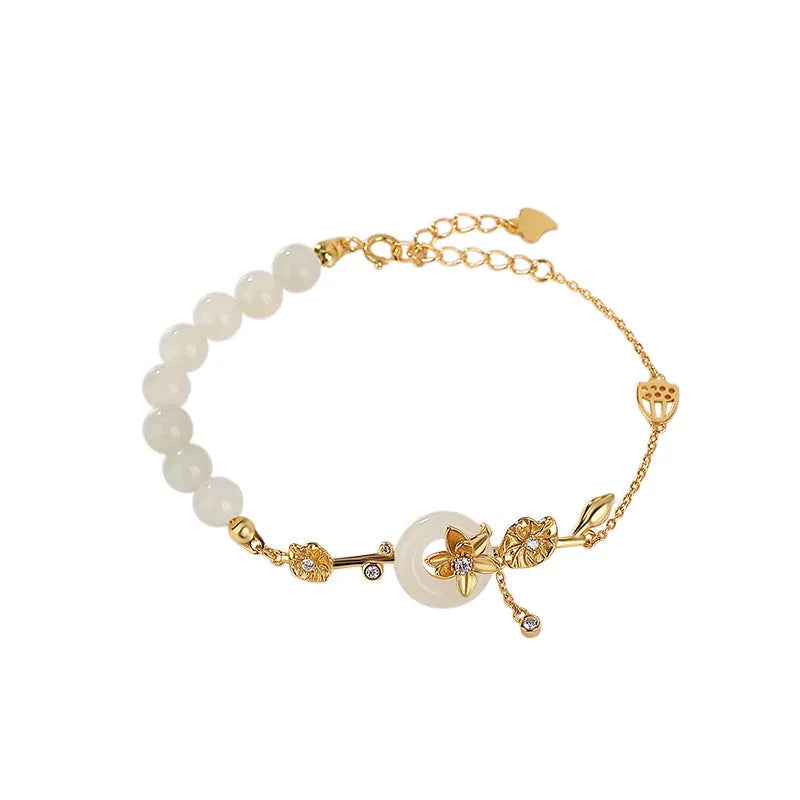 Hetian Jade Lotus Peace Buckle Bracelet 925 Silver gold plated retro women's jewellery