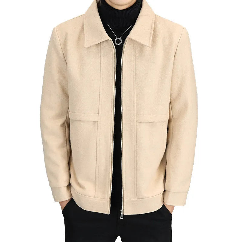 East Season khaki casual jacket with a polo collar and side seam pockets on a model.