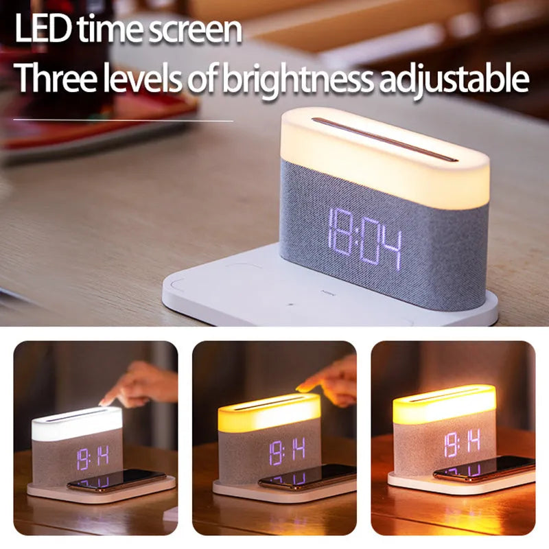 Modern minimalist desktop clock night light with wireless charging in black or white colours