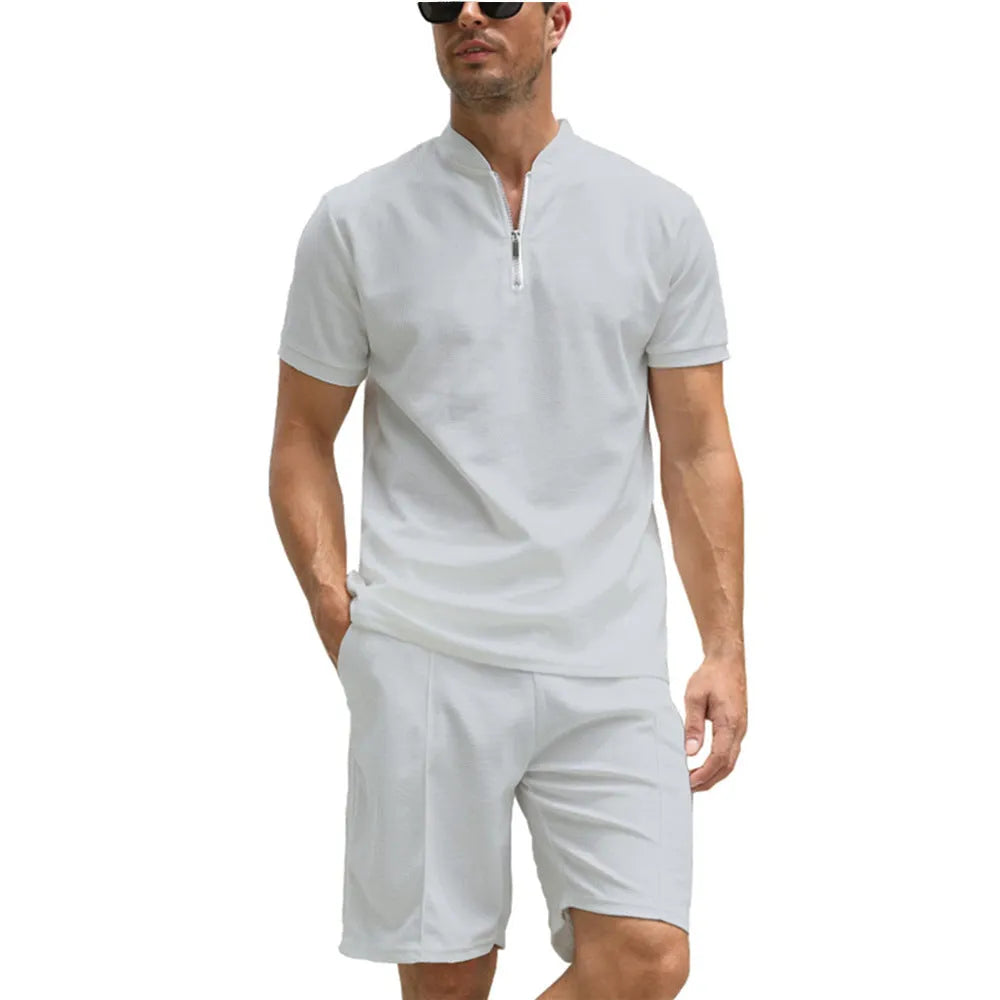 Men's solid colour polo shirt suit set with short sleeves and matching trousers in beaded bird's eye fabric