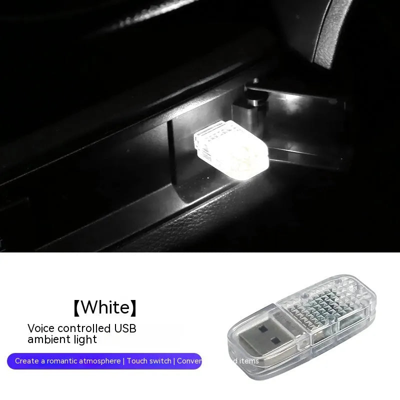Car USB atmosphere light with touch switch, five colour modes, and RGB voice control in an ABS plastic housing