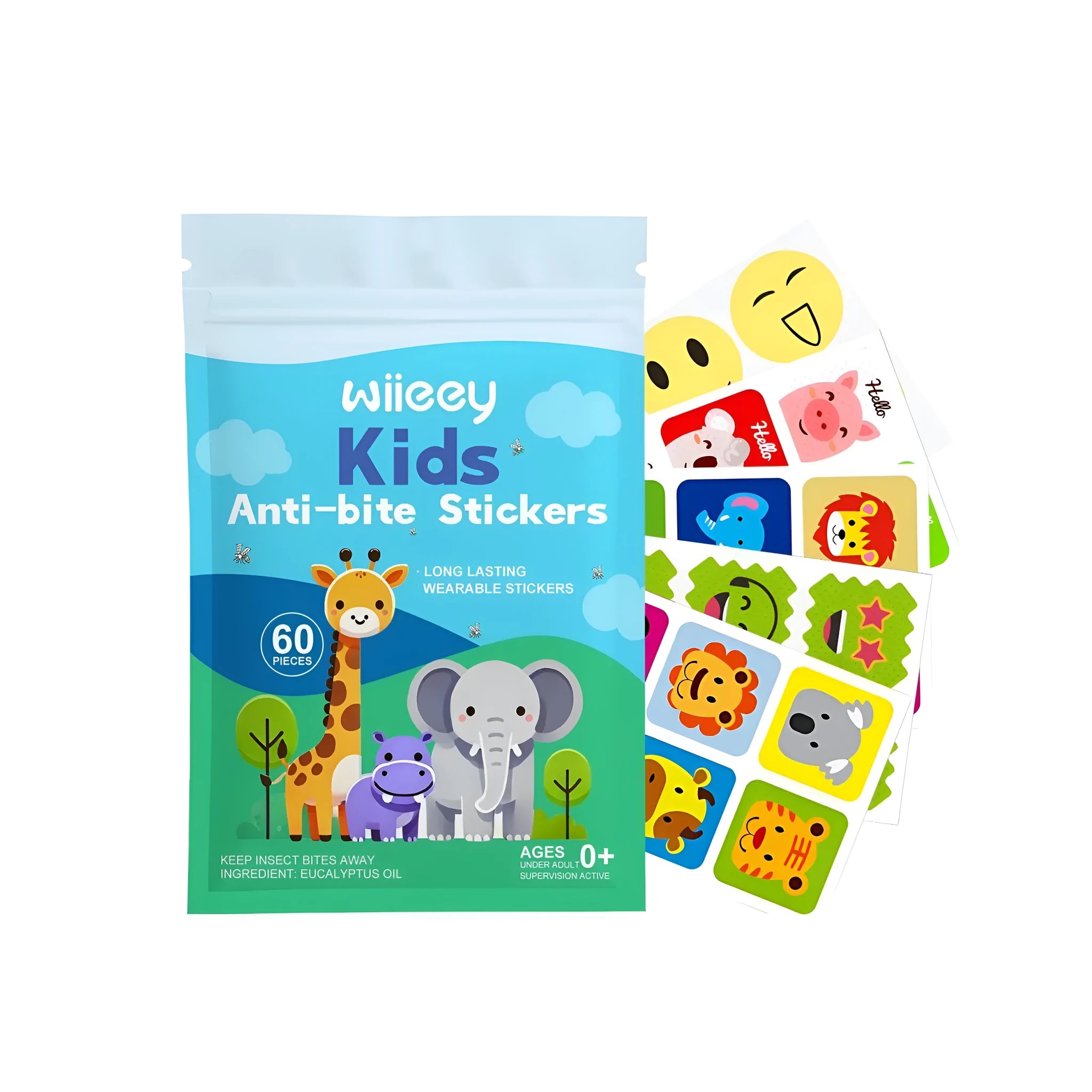 Kids Anti-Bite Stickers 60-piece pack with natural citronella and lemongrass insect repellent for children