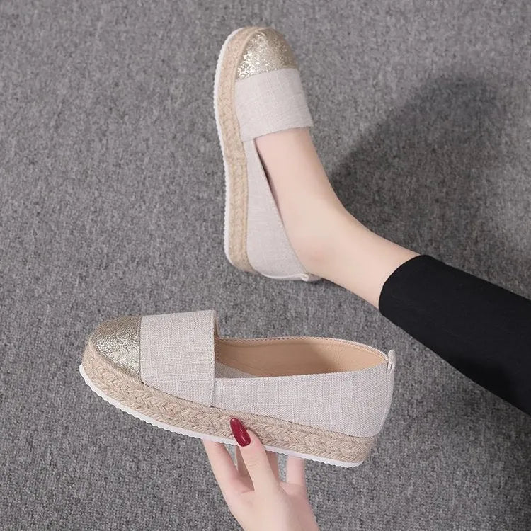 Plus size breathable canvas flat shoes round toe cloth upper available in black and beige