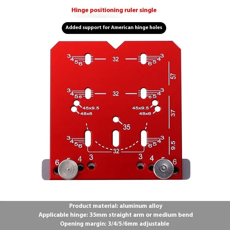 Red aluminium alloy hinge punch locator tool for 35mm cabinet door hinges on a workbench.