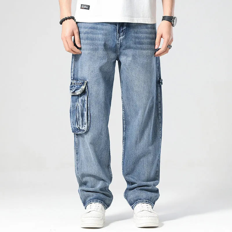 Hip hop retro multi-pocket denim pants in high waist loose fit, front view showing multiple pockets and straight leg style