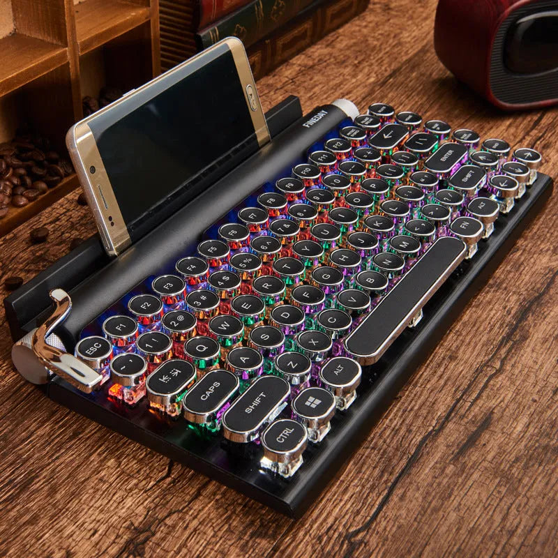 Black retro mechanical keyboard with backlit keys and Bluetooth wireless connectivity