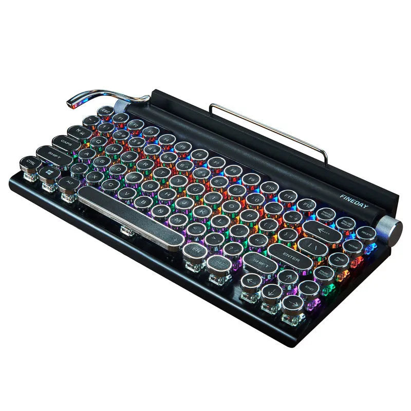 Black retro mechanical keyboard with backlit keys and Bluetooth wireless connectivity