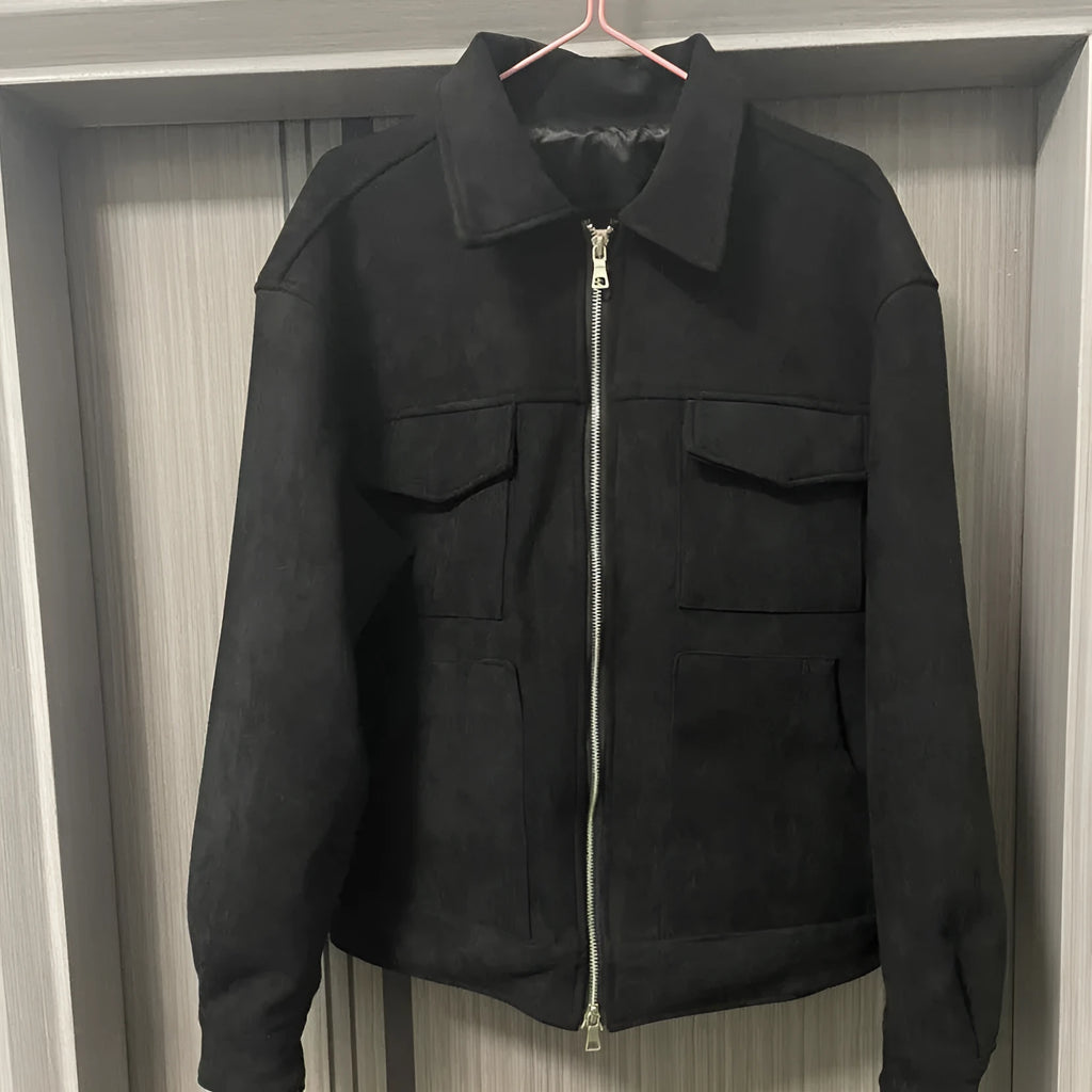 Thickened zipper big pocket jacket in slim fit, camel colour, with long sleeves and straight hem