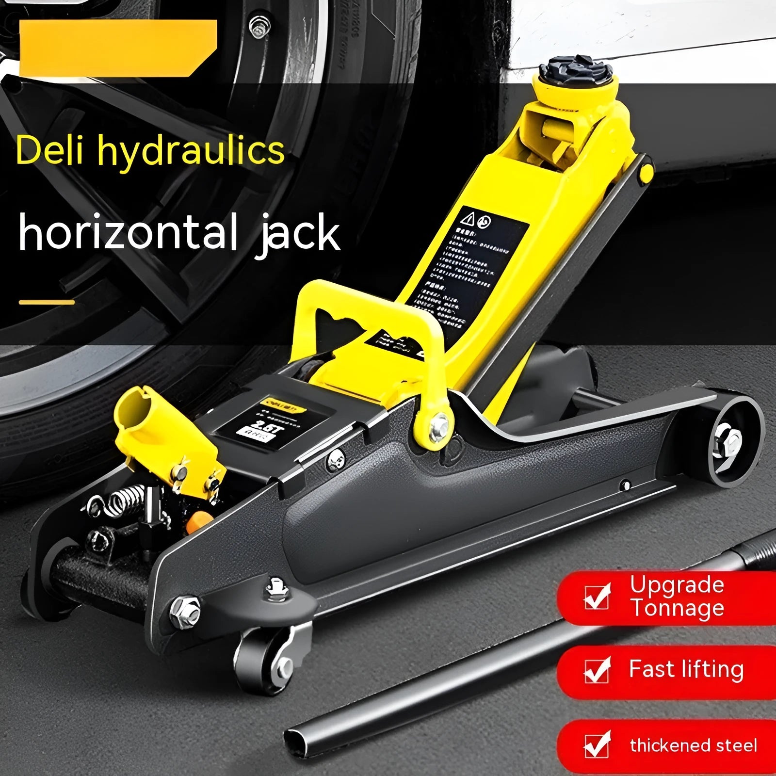 Horizontal low-profile hydraulic car jack with handle and compression member for tyre changes