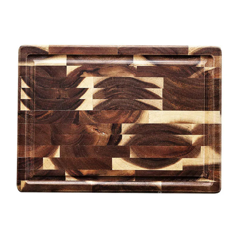 Brown parquet solid wood cutting board made from imported acacia, 3cm thick, on kitchen counter