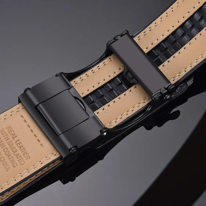 Men's two-layer cowhide click belt with glossy alloy rectangle buckle, striped embossed pattern, available in black in multiple lengths.