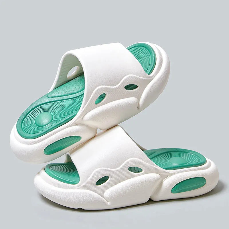 Women's two-colour EVA slippers with a thick sole and leather lining.