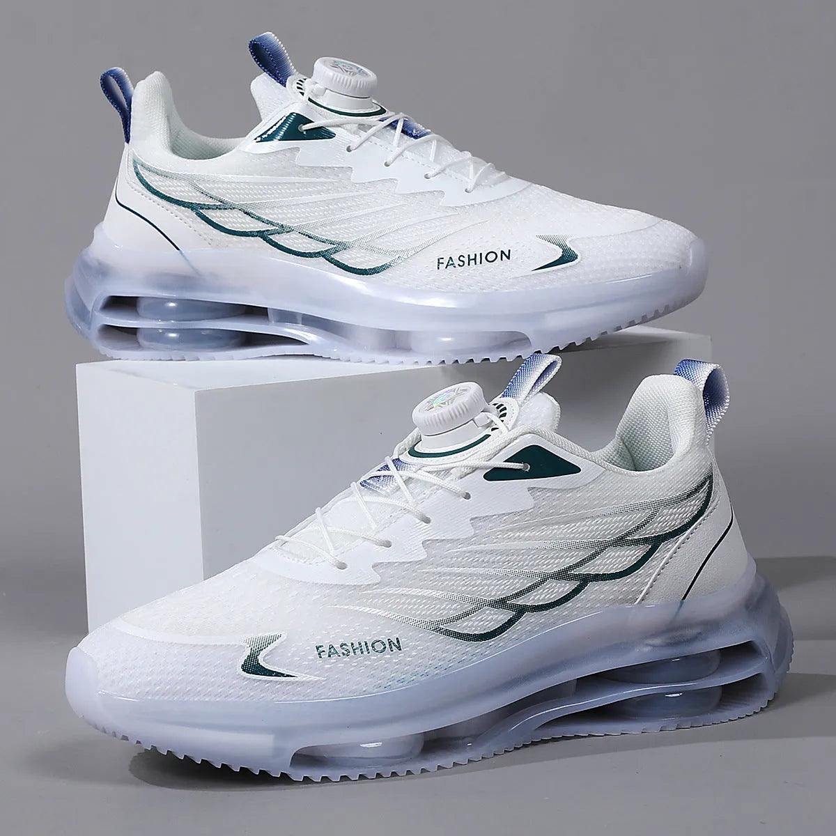 White rotating button lace casual trainers with mesh upper and rubber sole