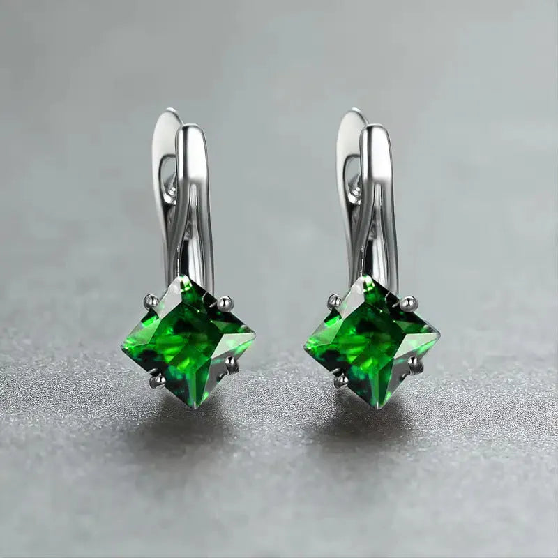 Women's copper earrings with diamond design featuring inlaid zircon crystals in blue, colour, and green options