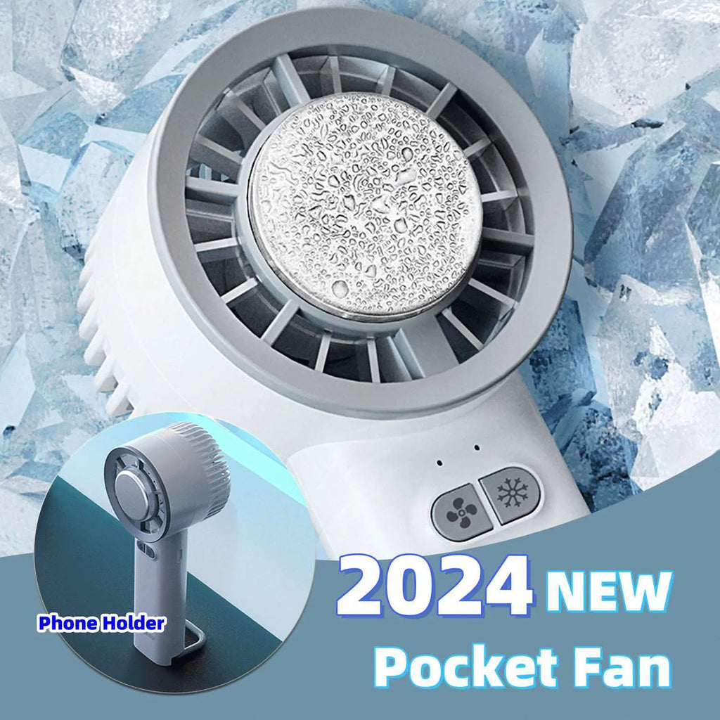 White handheld turbo jet fan with 18°C ice cooling and 6m/s airflow