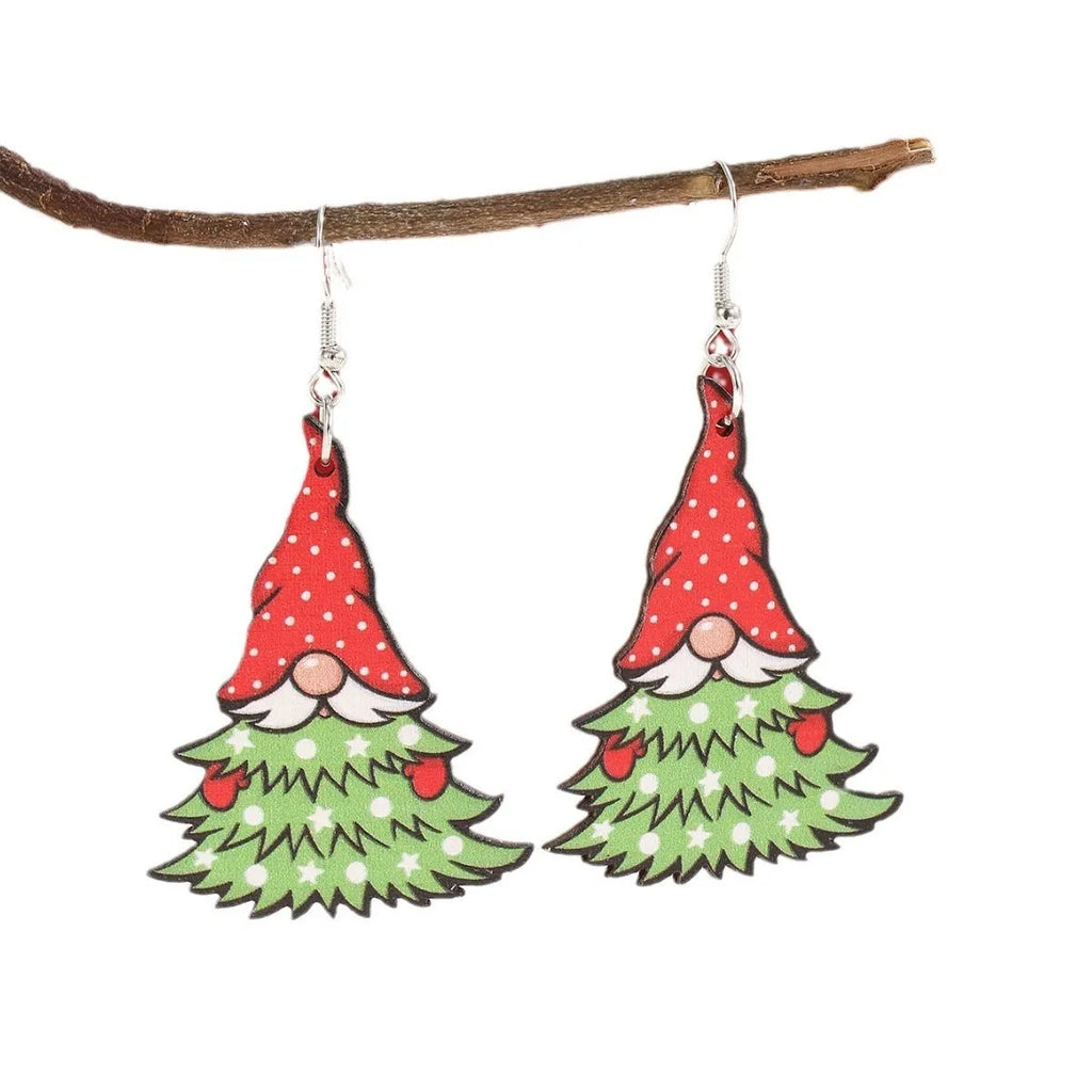 Women's wooden Christmas earrings showing Christmas tree and water drop snowman designs with Santa Claus elements