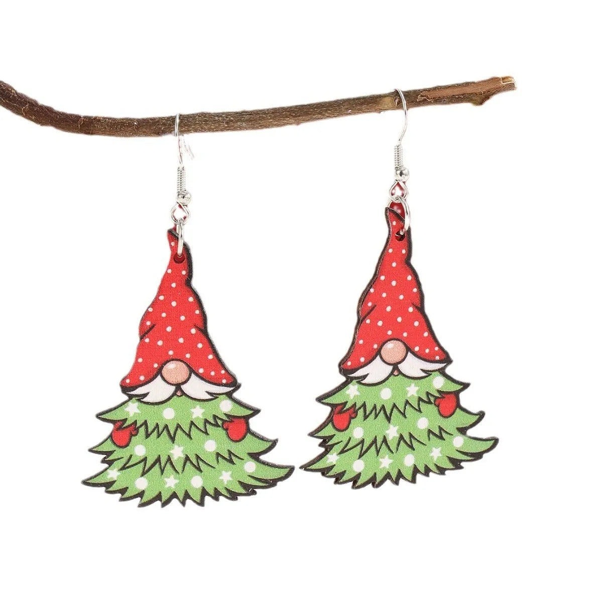 Women's wooden Christmas earrings showing Christmas tree and water drop snowman designs with Santa Claus elements
