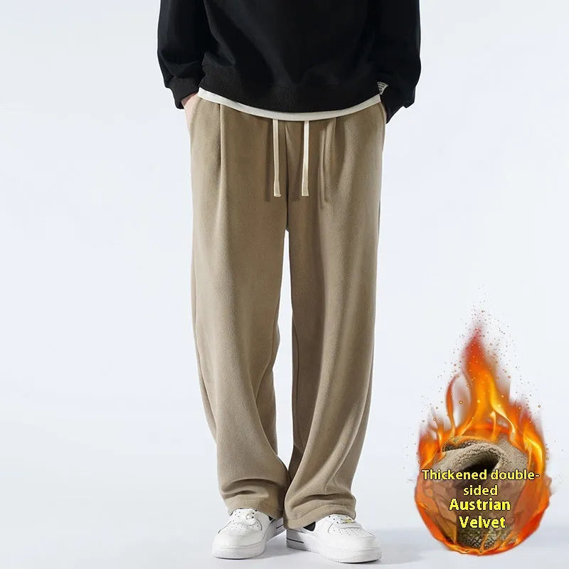 Men's apricot coloured double-sided polar fleece loose-fit sports trousers with a drawstring waist