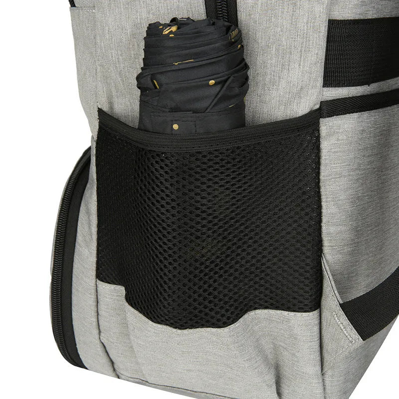 Light grey Oxford cloth insulated backpack with curved shoulder straps and front organisation compartments.