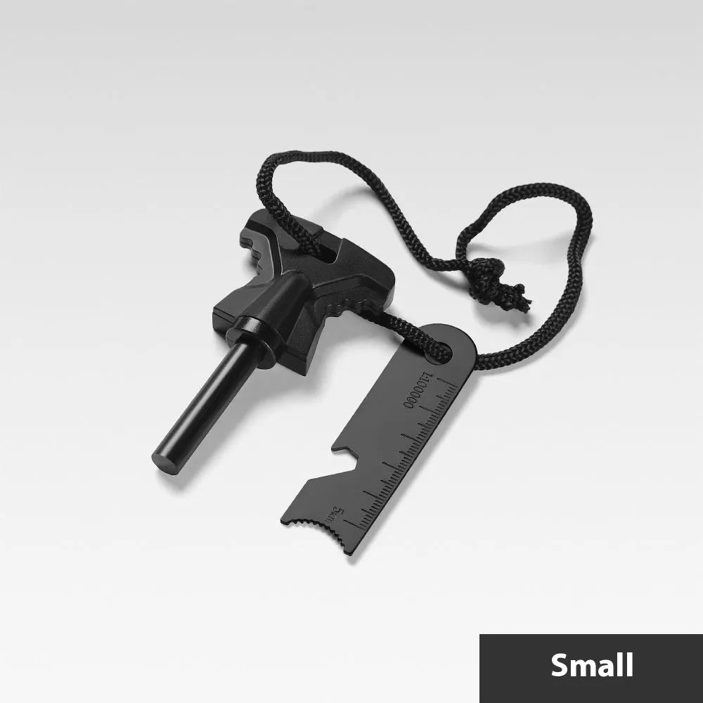 Butterfly-shaped stainless steel survival tool with bottle opener, doctor blade, and point firestone