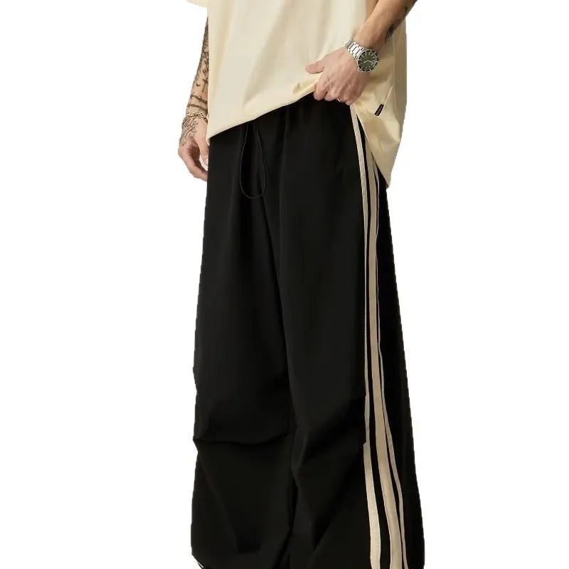 Black men's wide leg climbing trousers with high waistband and straight-leg casual design