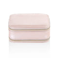 Small PU zipper jewellery box in light blue with fabric lining, 11.5x8.5x5cm, open to show rings and earrings