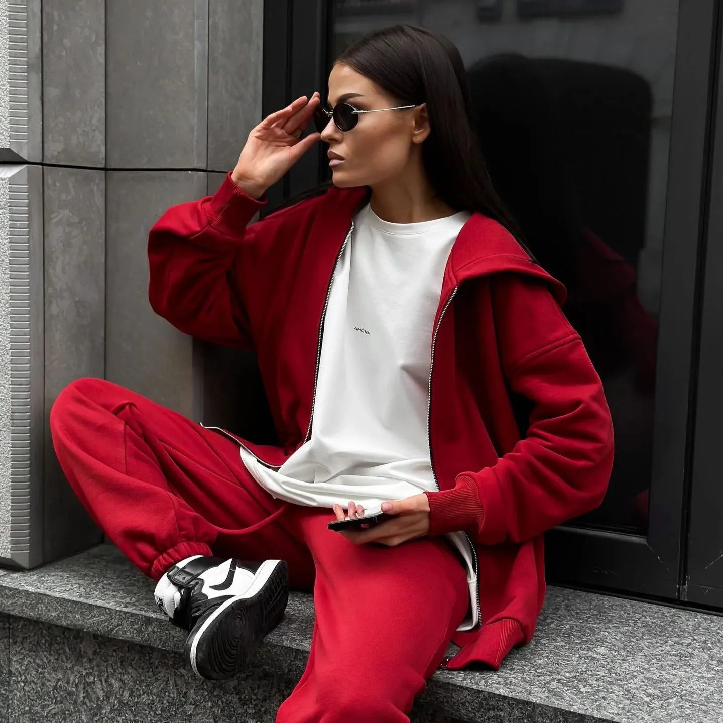 Women's loose-fit grey polyester coat and trousers two-piece set, street style.