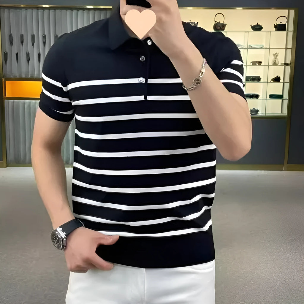 Men's black and white striped knit T-shirt with collar lapel detail