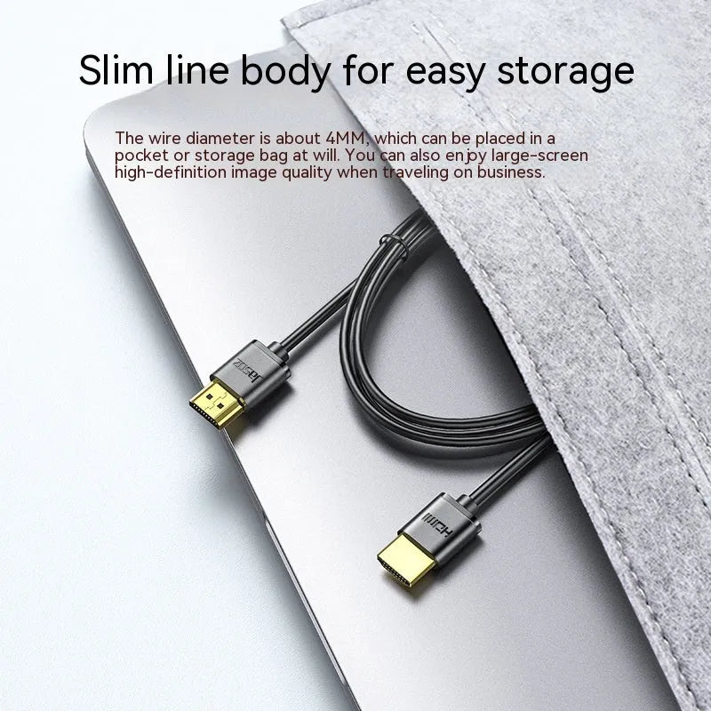 HDMI cable with gold-plated connectors and thin flexible design showing length options for computer monitor connection
