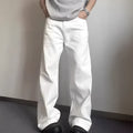 Men's white loose fit straight-leg cotton denim jeans on a plain background.