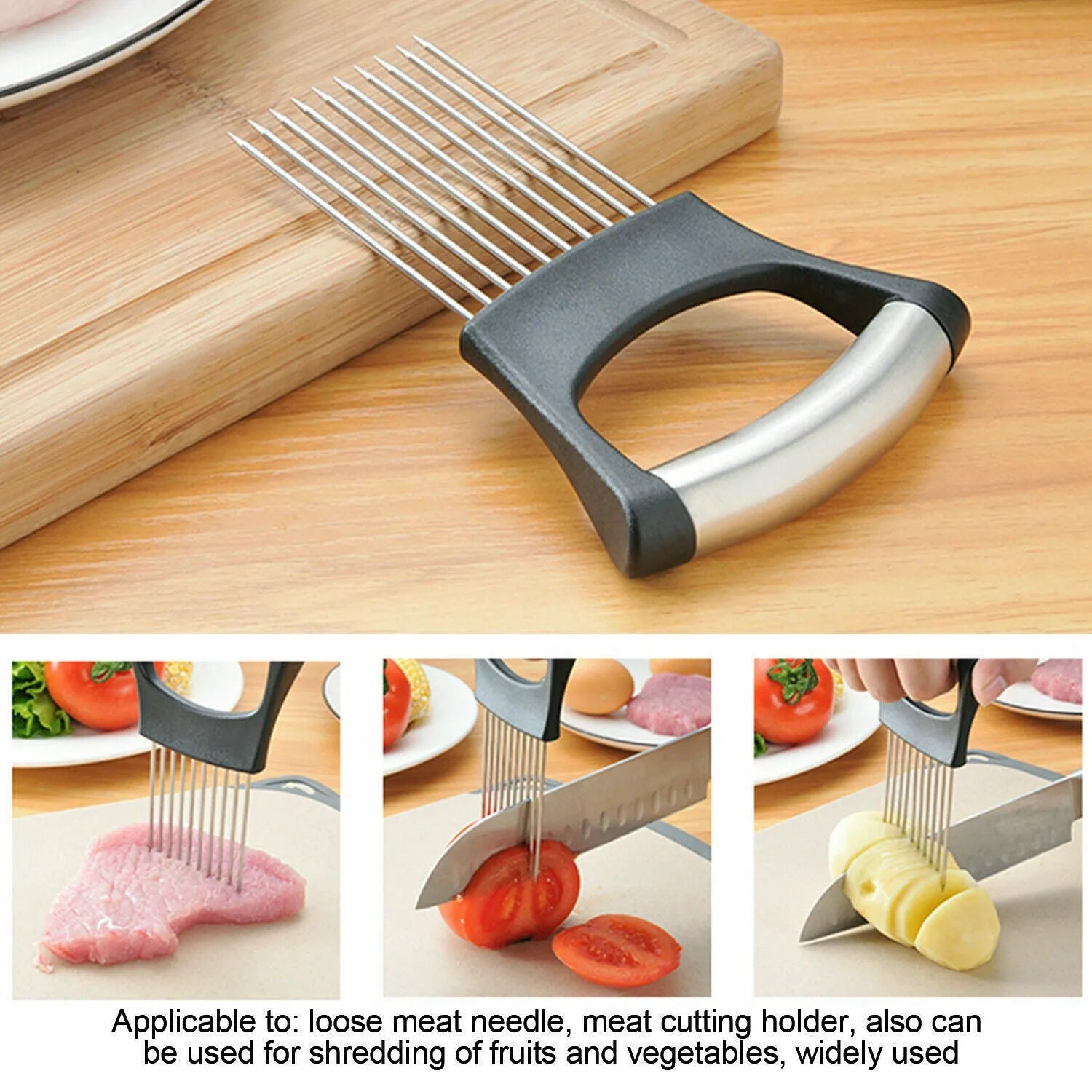 Stainless steel onion holder slicer with non-slip base on a kitchen counter next to a tomato and knife